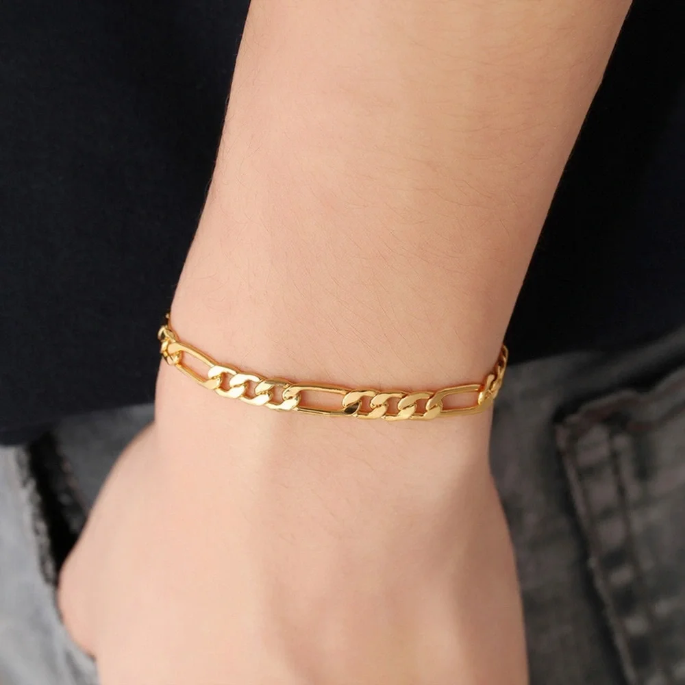 14K Gold Plated Figaro Chain Metal Bracelet